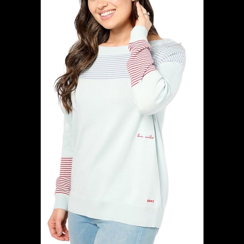 Peace Love World "Love Unites Us" Cotton Blend Striped Sweater Blue Red